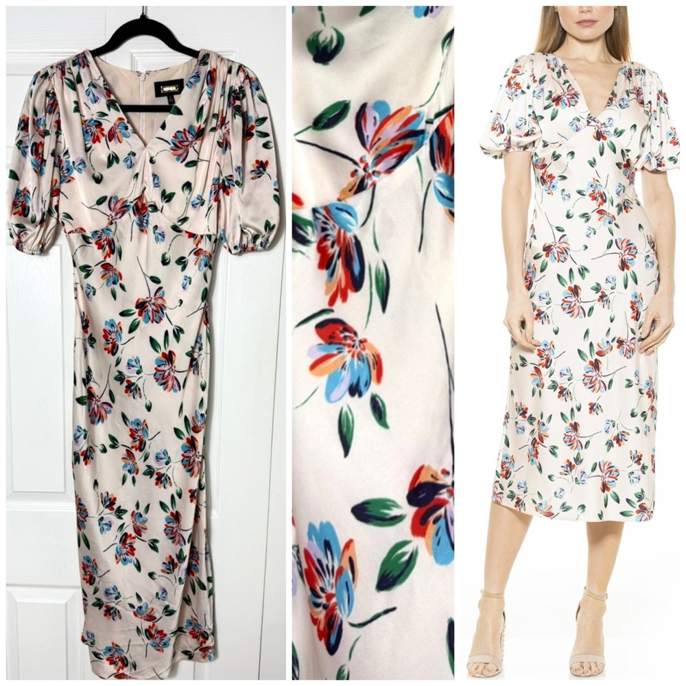 Alexia Admor Felicity Floral Satin V-Neck Midi Dress Puff Sleeve Size 2